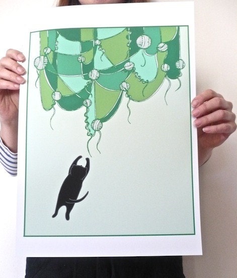 I Dream Of Yarn Curtains, Green - A3 Print