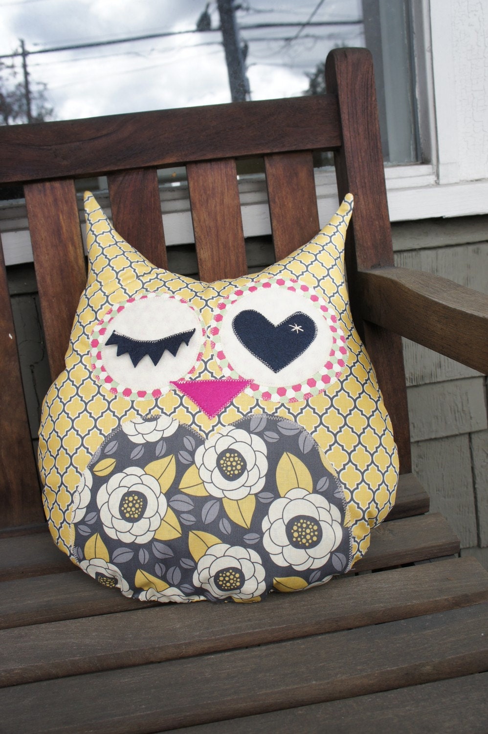Large Owl Decorative Pillow - Yellow & Gray - Ready to ship