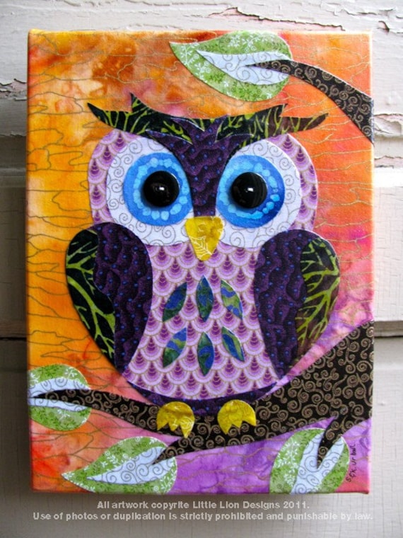 Sunset Owl - Fabric Collage Wall Art - No Frame Needed