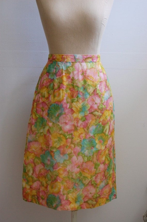The Ella- Vintage 1960s Pastel Floral Pencil Skirt
