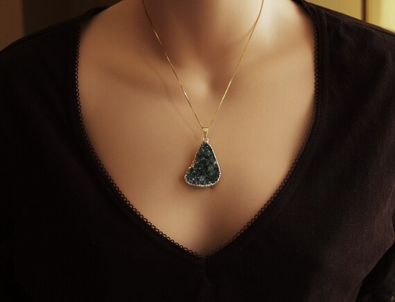 Smoky Teal Green Gray Druzy Electropated Gold Pendant Necklace- ONLY 1