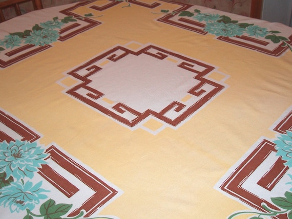 Vintage Greek Key Yellow Turquoise Brown 1950s Tablecloth