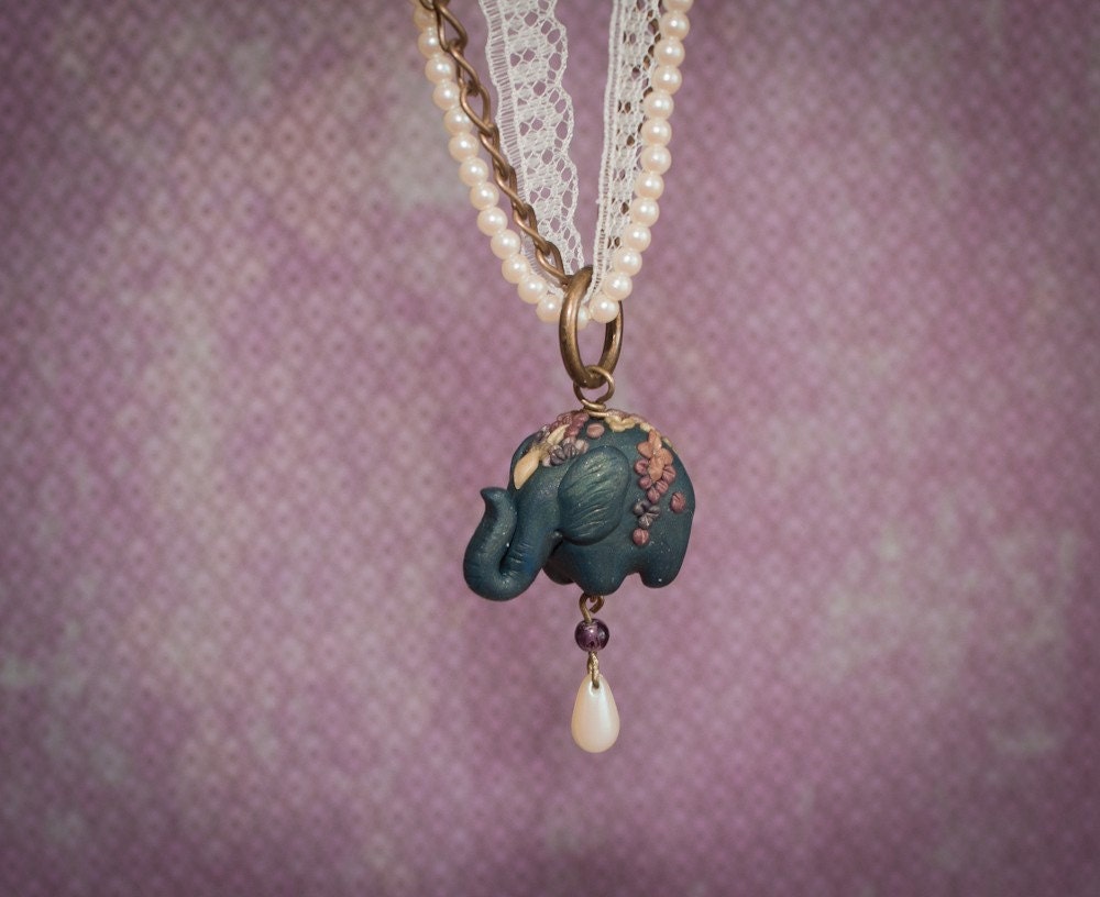 Make a Wish - handmade clay elephant necklace with bronze chain, lace and pearls