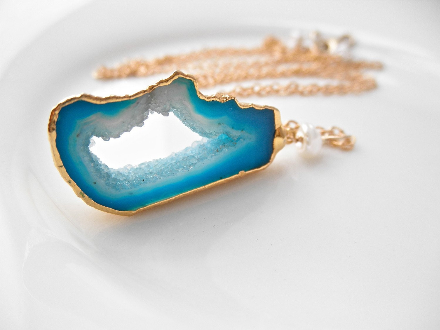 30 Inch Long Gold Filled Chain, Rave in the Cave Luxe Pendant Necklace - Sea Blue Druzy Agate Geode Slice
