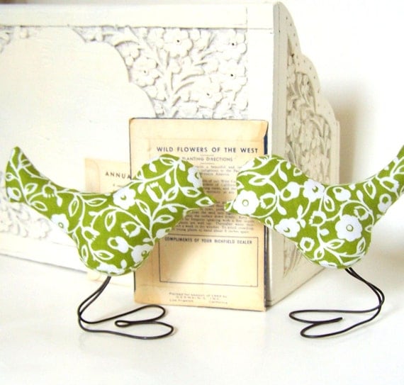 Cottage Style Love Birds Wedding Cake Toppers and Home Decor in Summer Green Flower Set of TWO