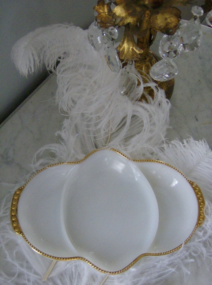 White and Gold Hollywood Regency Inspired Fire King tray