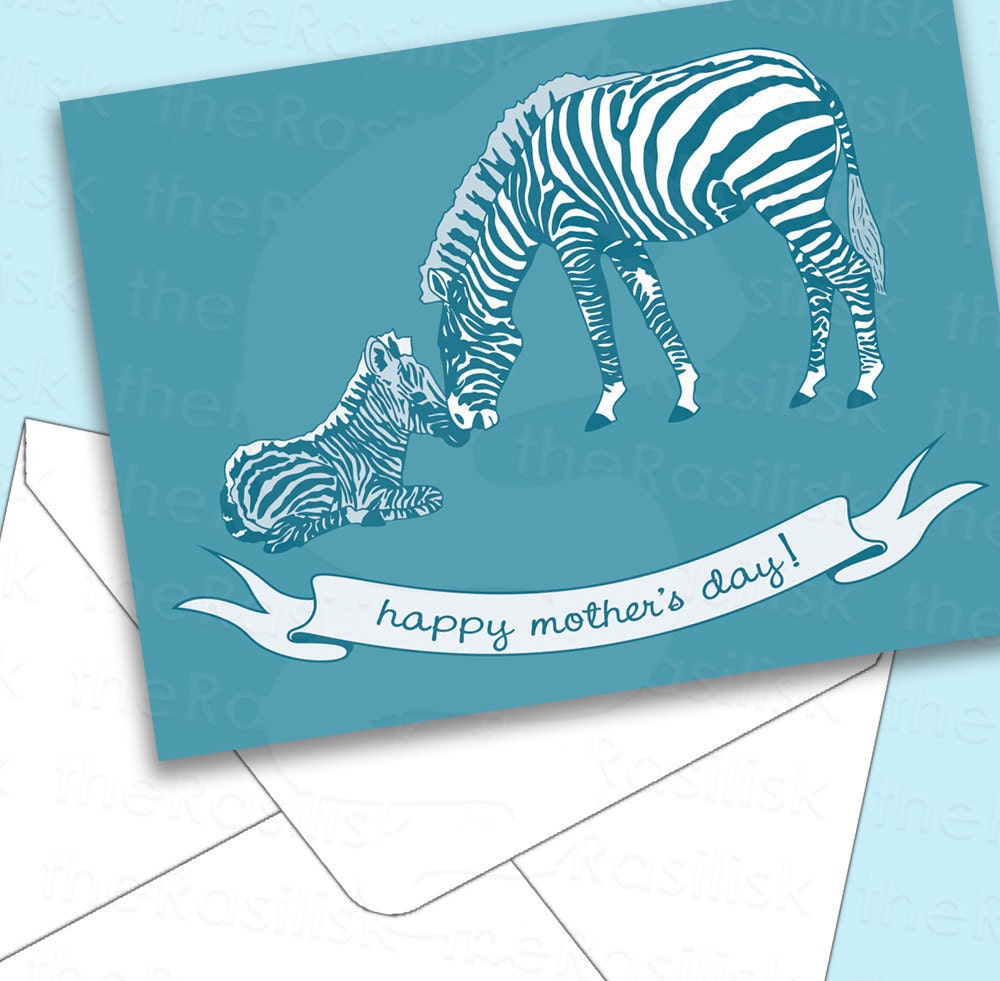 Zebras Printable Mother's Day Card by theRasilisk on Etsy blue illustrated