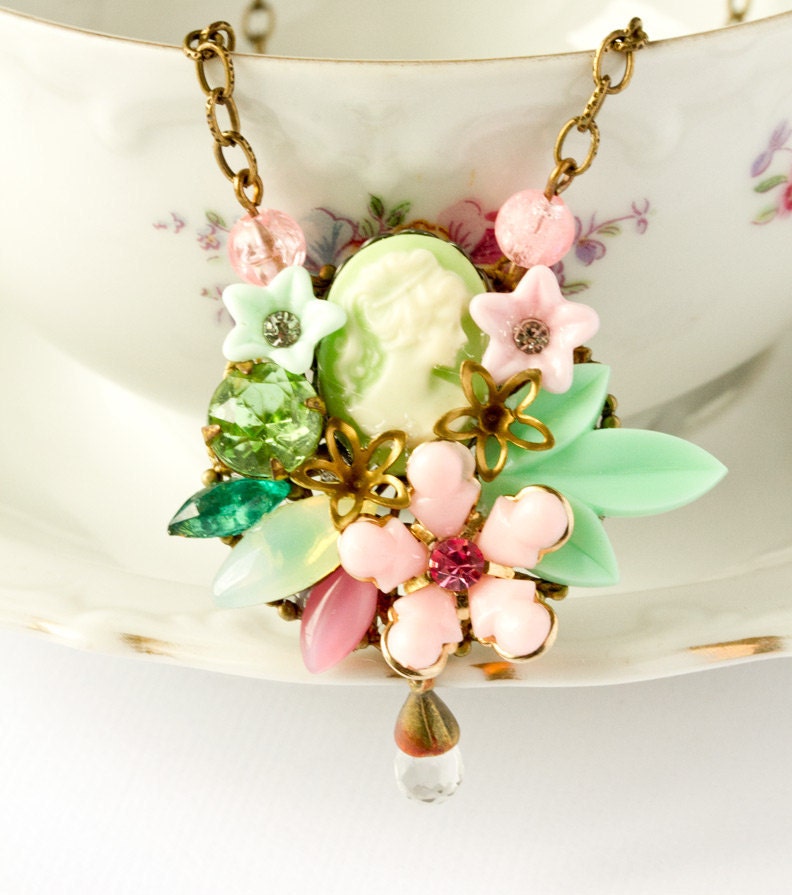 Garden Boutique Collection 1 - Spring 2011 - Green and Pink Vintage Collage Necklace