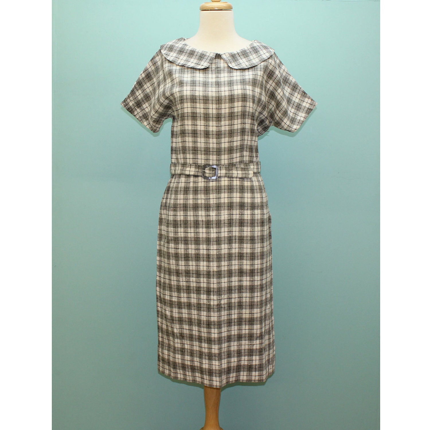 60's Plaid Linen Belted Shirtwaist Dress - Medium to Large