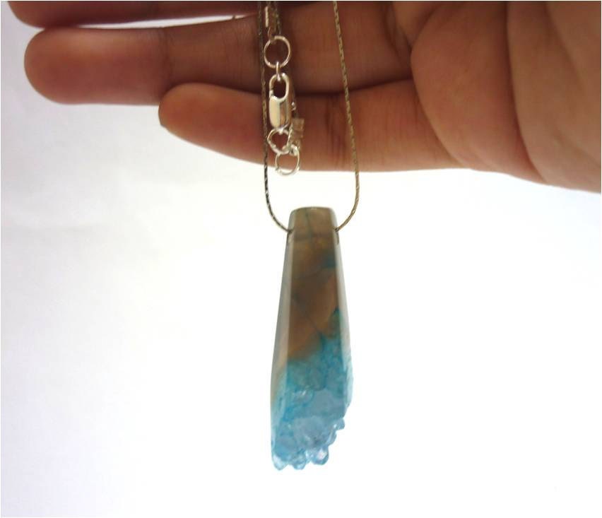 Druzy Aqua Blue Dipped Agate Crystal Fang Necklace