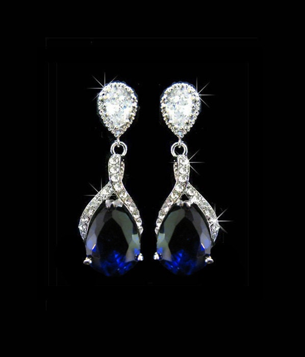 Brdial Earrings,  Wedding Earrings, Crystal Blue Earrings, Cubic Ziconia, Jewelry, Sapphire Blue. Rinestone,  Crystal,  Studs. Dangles