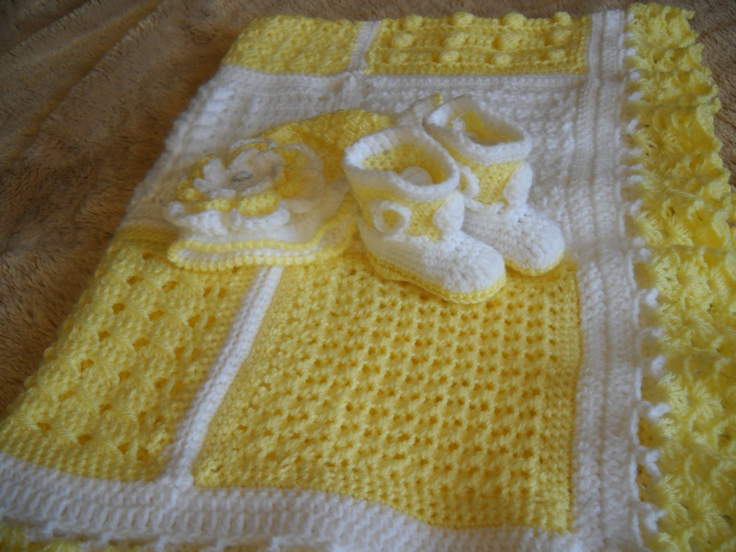 Yellow and White Crocheted Baby Gift Set, Blanket, Hat, and Cowboy(girl) Booties