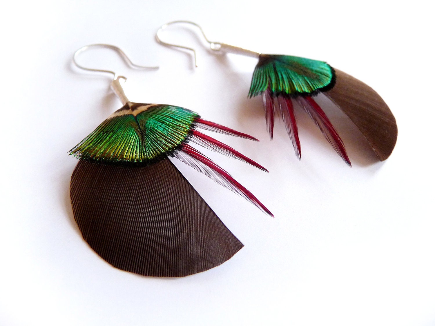 Circular Feather Earrings in Brown and Lime Green with Red Accents