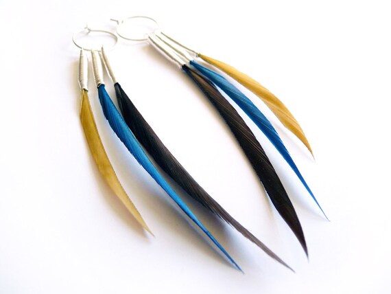 Small Interchangeable Feather Earrings in Brown, Blue and Beige