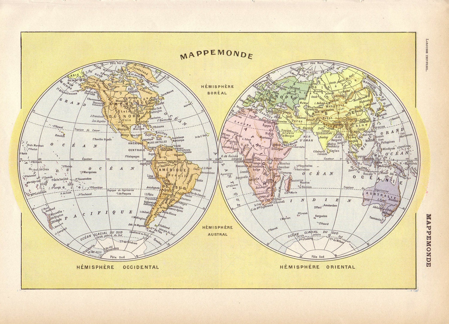 1922 Vintage WORLD MAP French Dictionary Illustration