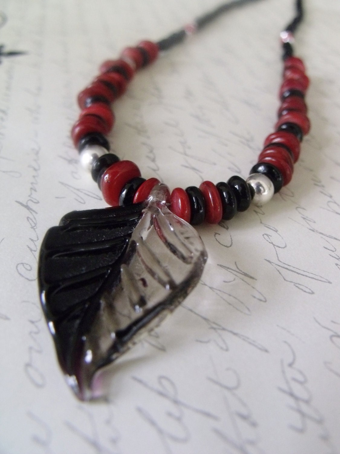 Black and Red Bamboo Coral Leaf Necklace
