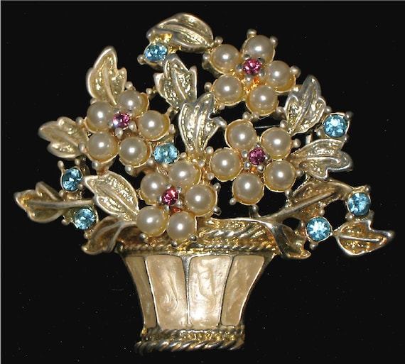Vintage Brooch with Faux Pearls and Pink and Blue Rhinestones