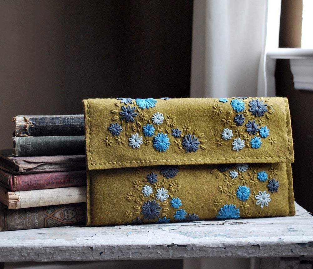 Hand Embroidered Wool Felt Full Size Clutch in Her Random Wanderings pattern Olive/Gold Pewter Grey Turquoise
