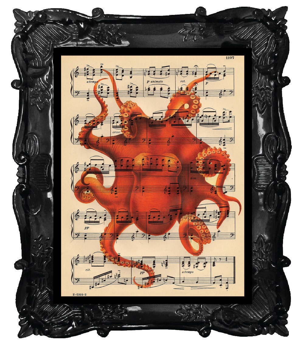 OUR ORIGINAL DESIGN Vintage Mod Orange Musical Octopus Print on an Antique 1889 Music Sheet Book Page