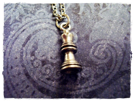 Tiny Queen Chess Piece Charm Necklace in Antique Pewter with a Delicate 18 Inch Silver Plated Cable Chain