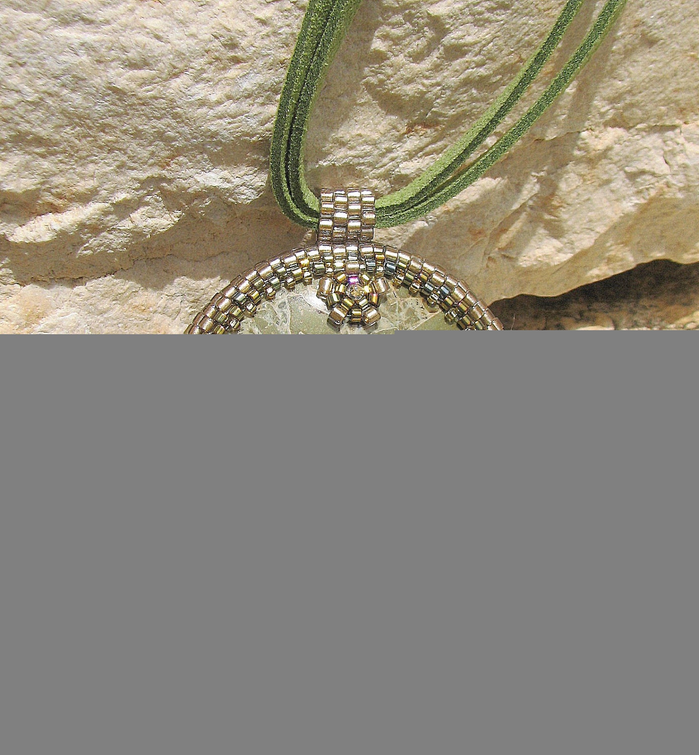 Byzantium Mosaic. Green Jasper Beaded Cabochon Pendant