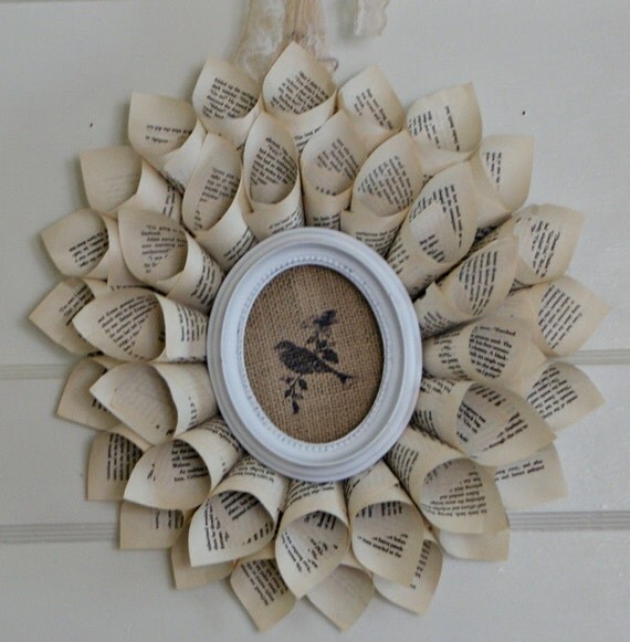 vintage book page wreath, burlap and bird in antiqued oval frame