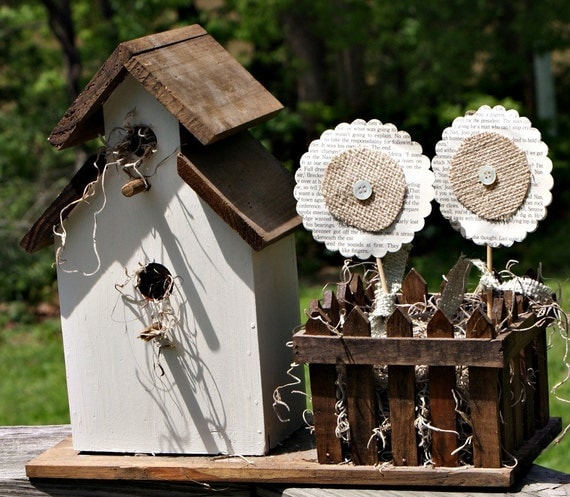 birdhouse planter with vintage book page and burlap flowers