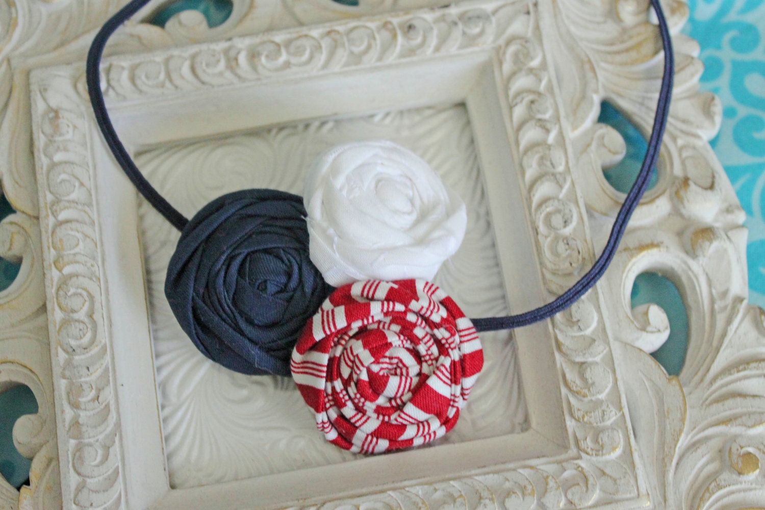 Sweet and Sassy Rolled Rosettes Headband--Red White and Blue--on Navy Skinny Elastic Headband--Newborn thru Adult Sizes Available--Perfect Photography Prop
