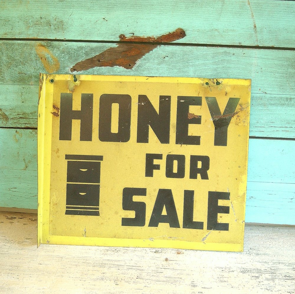 Vintage 1930s Metal HONEY FOR SALE Advertising Sign Yellow Beehive Honey Bees