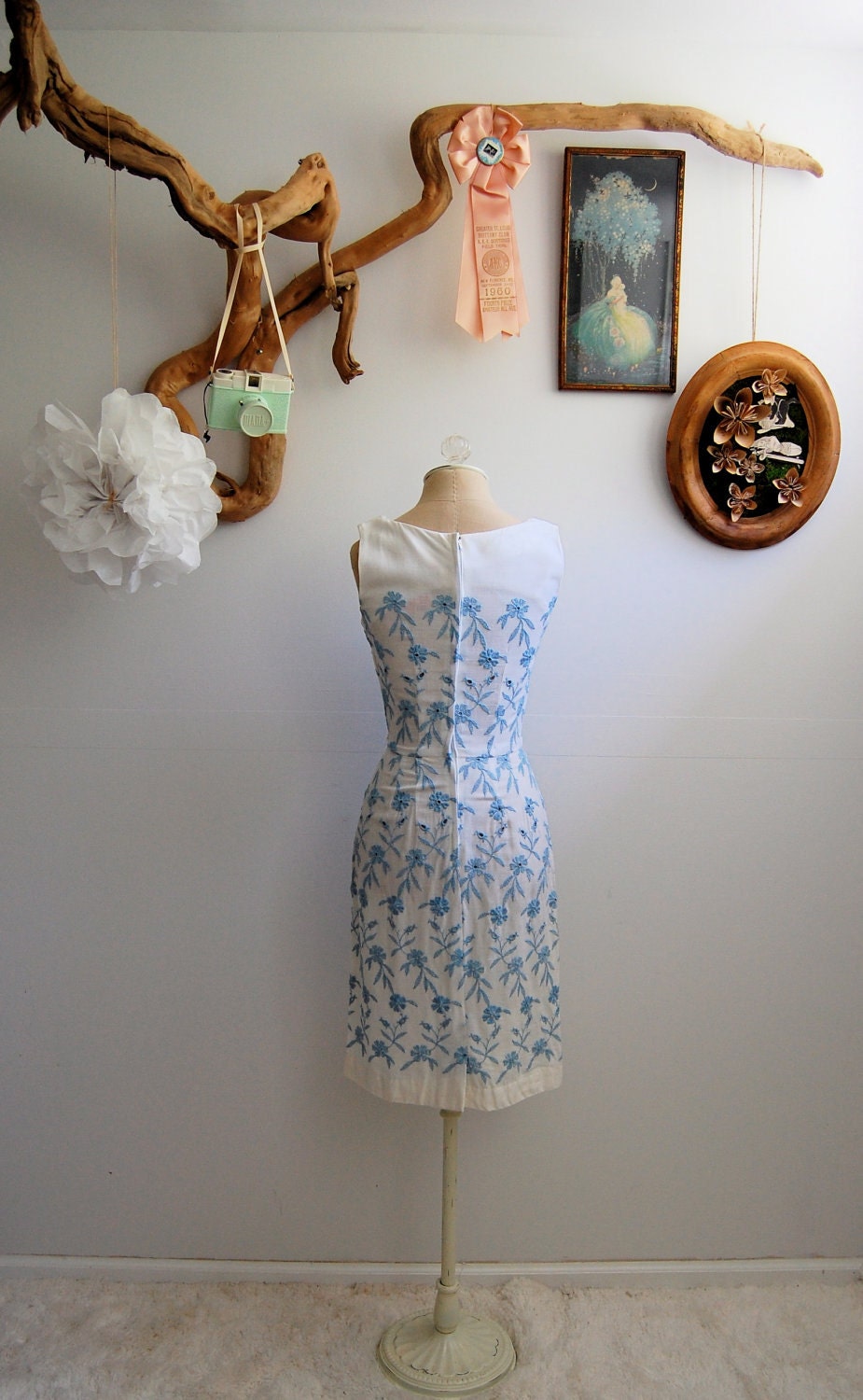The Margaret- Vintage 1950s White & Blue Embroidered Wiggle Dress