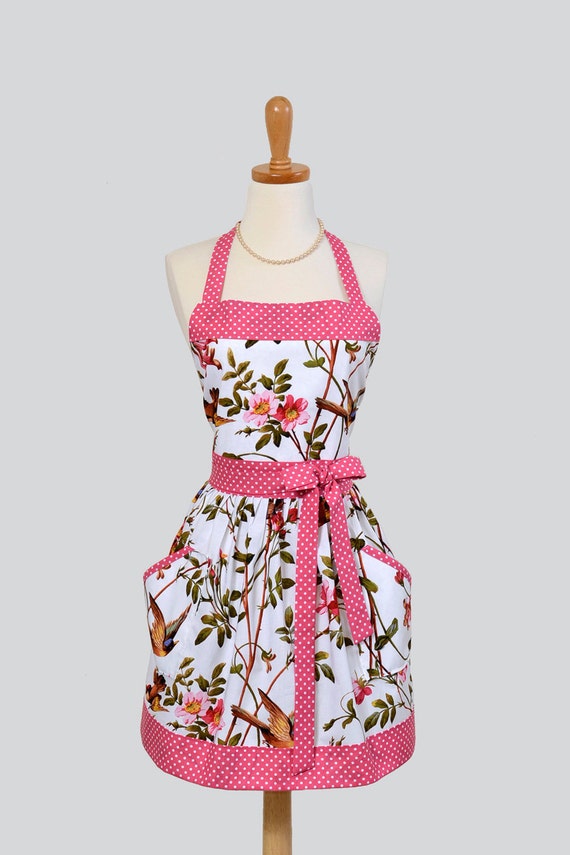 Womens Bib Apron - Sophisticated French Floral Birds and Flowers with Pink Accents of Michael Miller Bonne Amies Colette