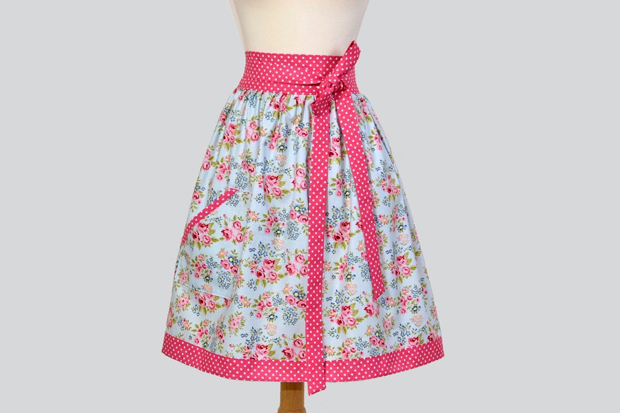 Waist Apron - Half Apron for Hostes or Everyday in Vintage Roses of Pink on Soft Blue with Polka Dot Trim