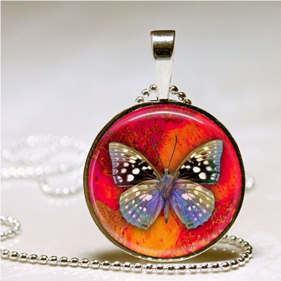Butterfly Altered Art Pendant with Ball Chain Necklace