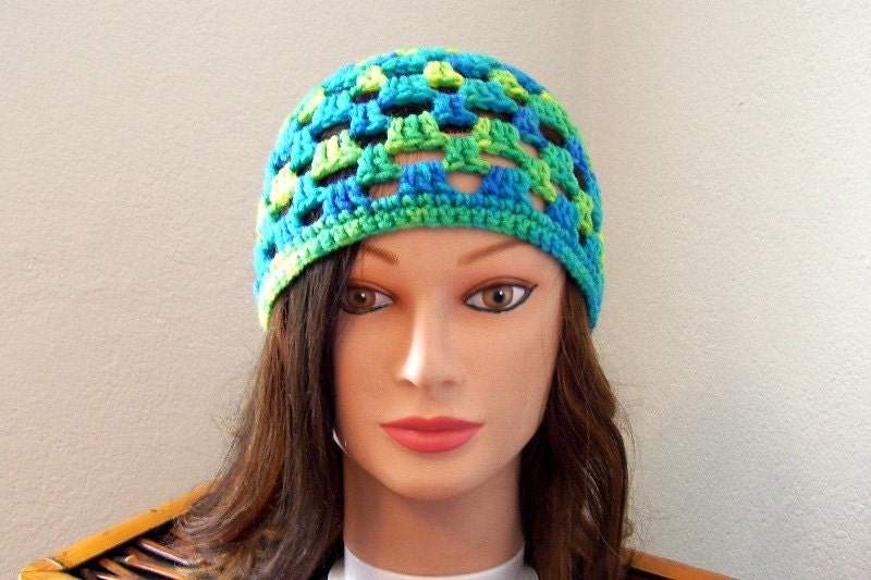 Open Crochet Beanie Variegated Blues Yellows Greens