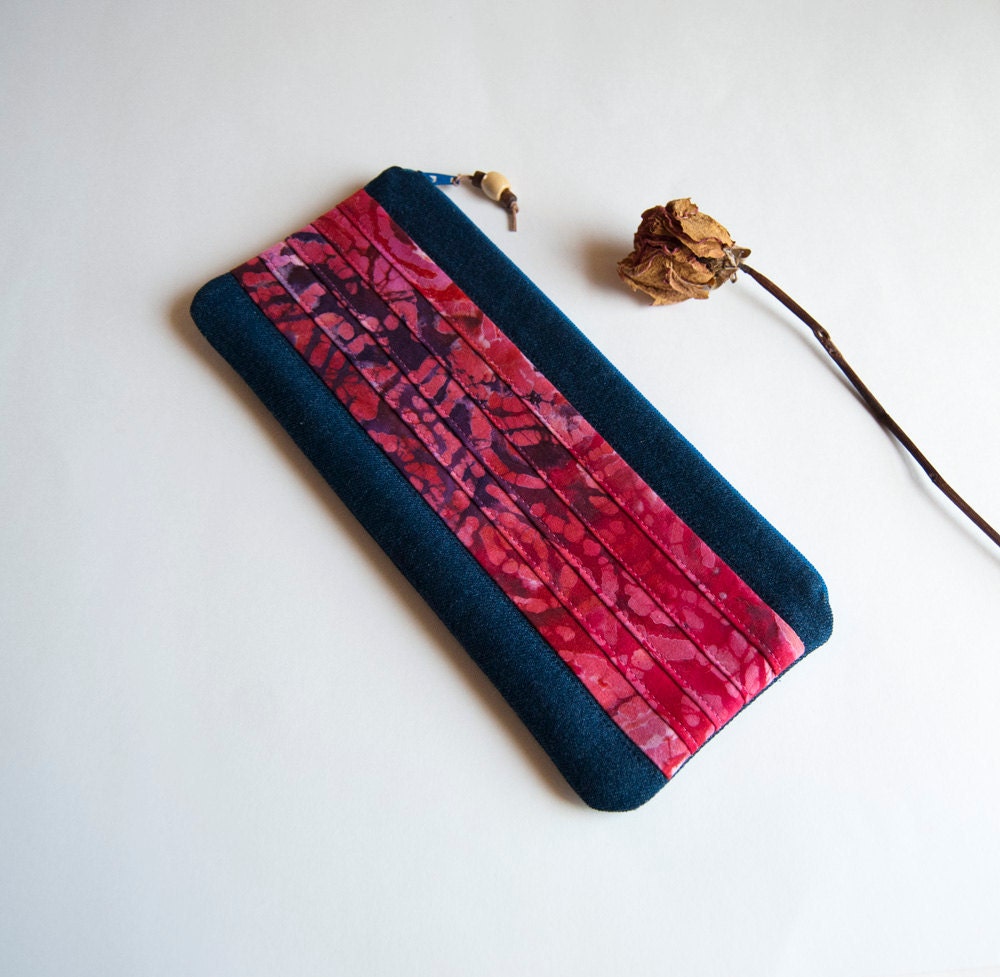 On Sale 15% OFF -  Big Romantic Colorful pleats in red pink and  dark blue denim zippered pouch, purse, clutch by Lolos