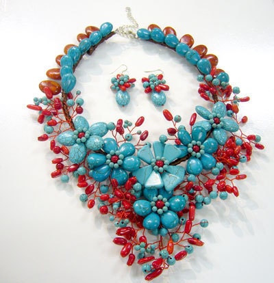 Embellishment turquoise and coral flower Necklace and Earring J49