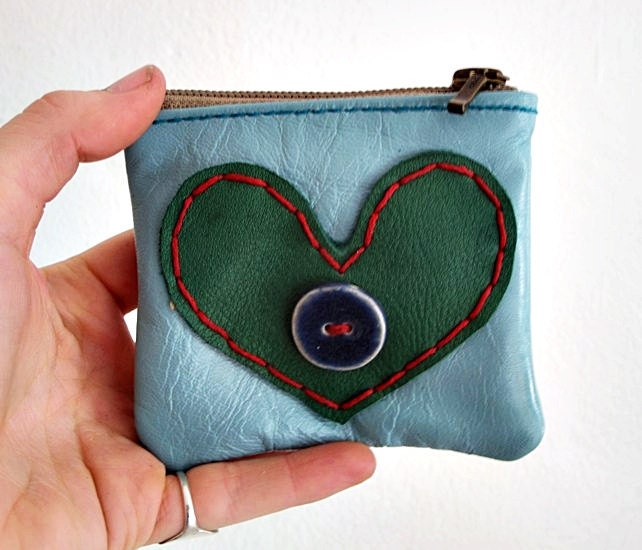 Sweet and Cheerful Medium sized Blue Coin Purse with green heart and blue pottery button  xxx FREE SHIPPING xxx