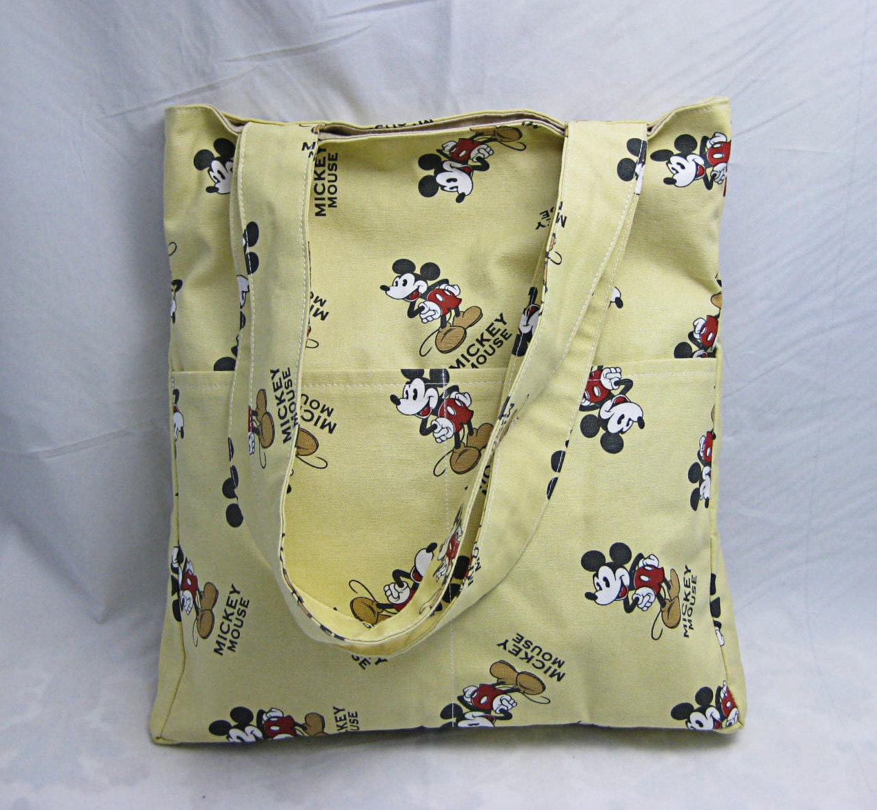 Yellow cotton canvas tote bag zippered pocket inside-Mickey