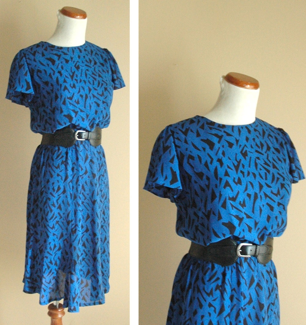 Vintage 1980s flirty black and blue secretary dress