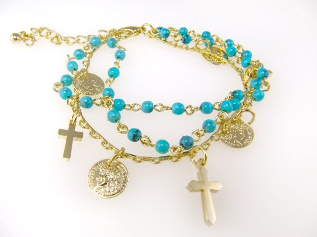 Petite Turquoise Blue Beads and Gold Cross Medallion Charm Bracelet