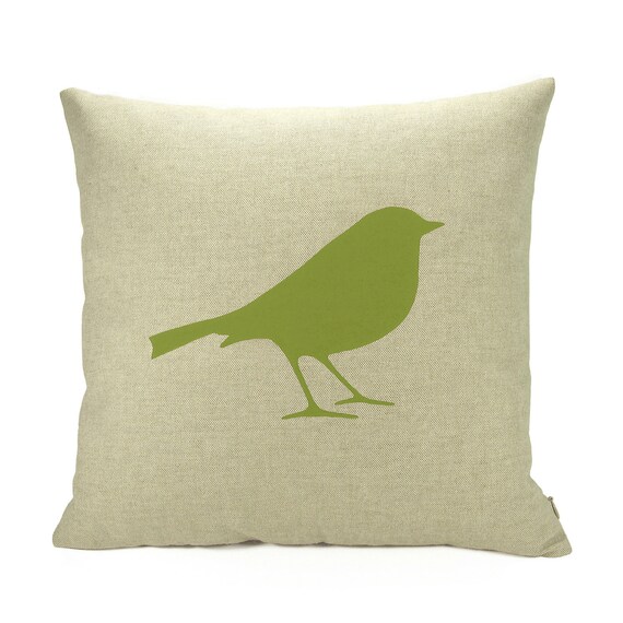 Apple Green Modern Bird on Natural Linen Canvas Front and Damask Print Back 16 x 16 inch Cushion Cover