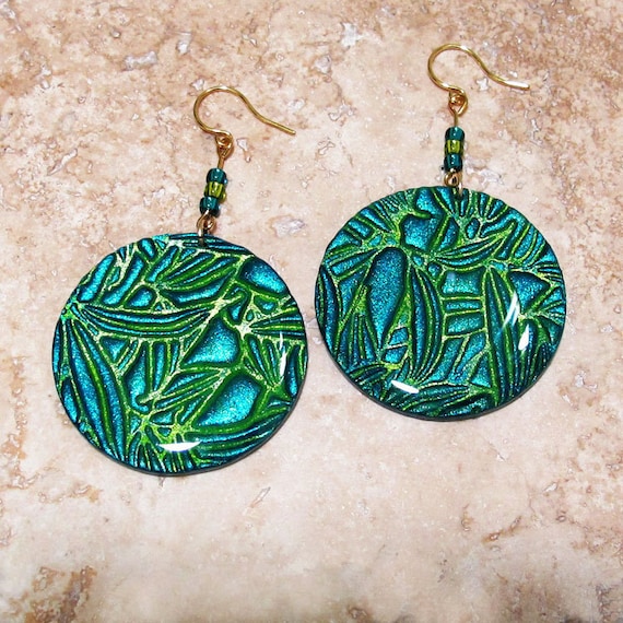 Hand-painted Handmade Embossed "Tropical Sea" Polymer Clay Iridescent Round Earrings by Maggie Day