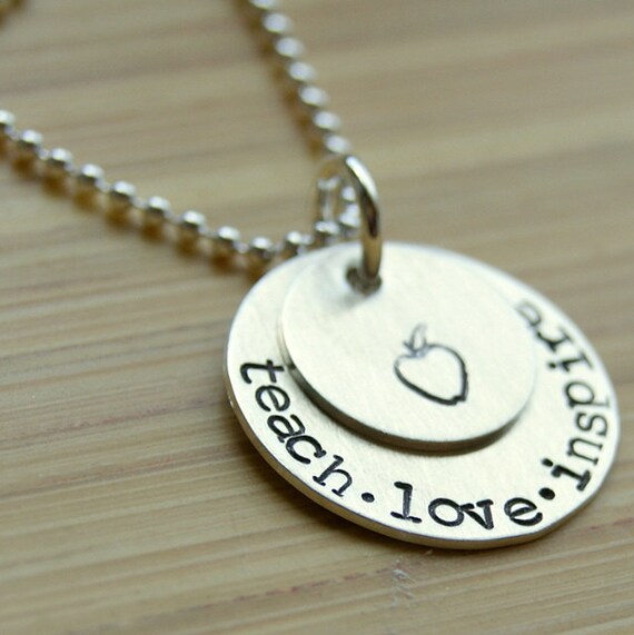 Teach Inspire Love Handstamped Necklace for Teachers Sterling Silver with Apple