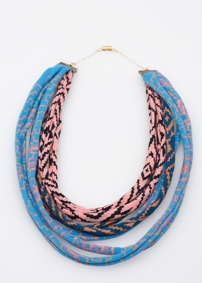 Maze Fabric Necklace in Blue Pink and Green