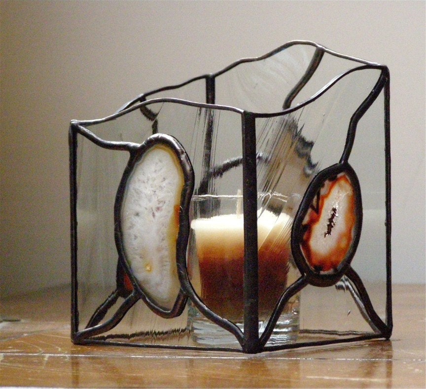 Agate and Clear Stained Glass Candle Lantern