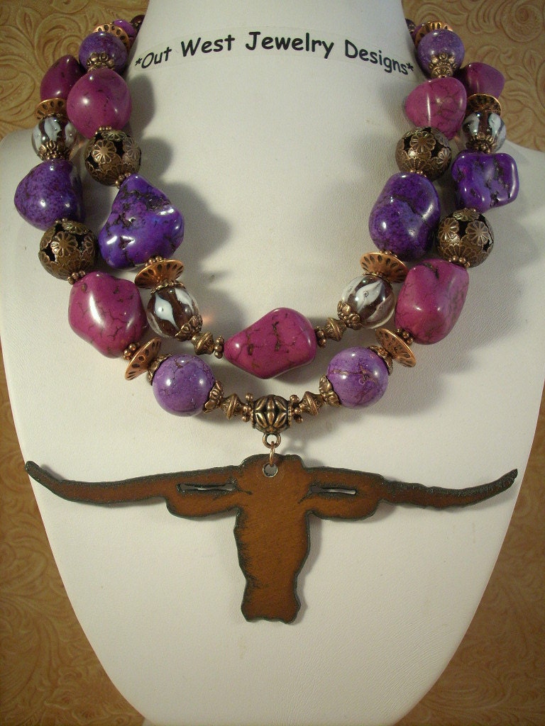 Purple Turquoise Texas Longhorn Rodeo Cowgirl Necklace