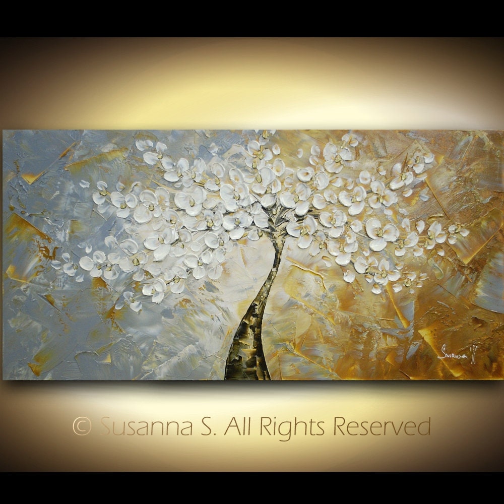 ORIGINAL Large Abstract Contemporary Fine Art Impasto Landscape White Cherry Blossom Tree Modern Palette Knife Painting by Susanna 48x24