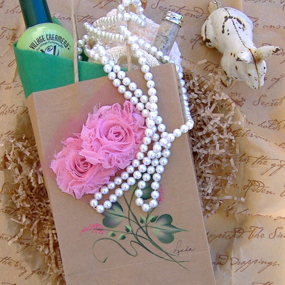 Kraft Paper Gift Bag with Pink Fabric Roses and Handpainted Stems and Leaves, Medium Size