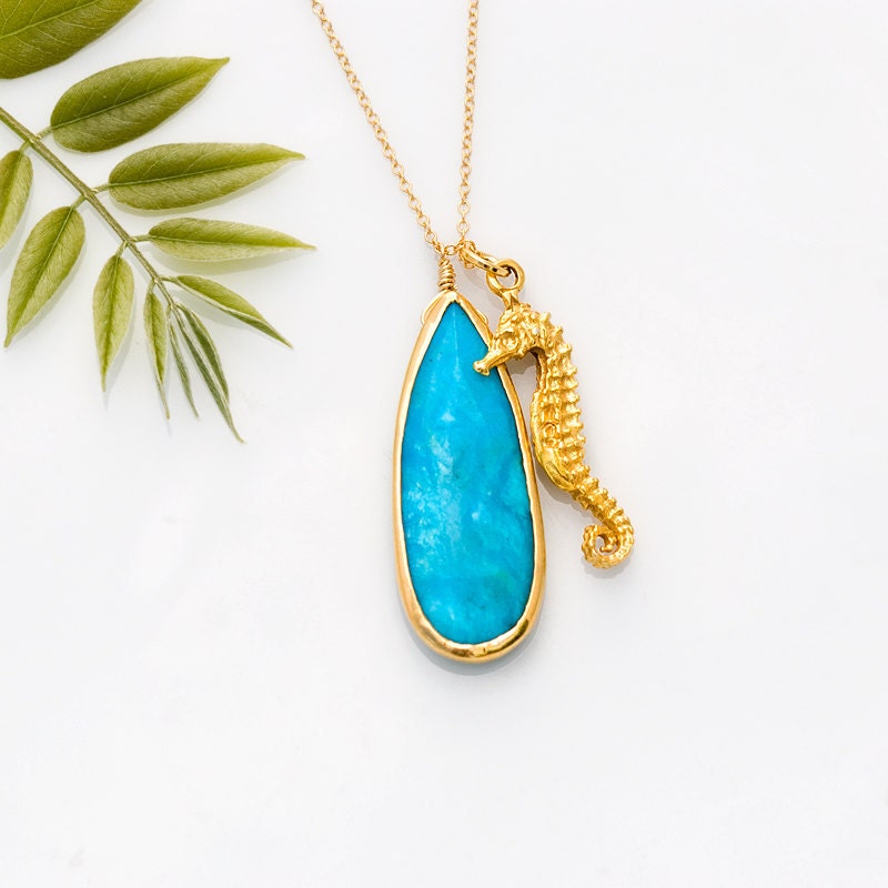 18K Vermeil Sea Horse Charm Necklace with bezel set Natural Turquoise drop in 14K gold filled Chain