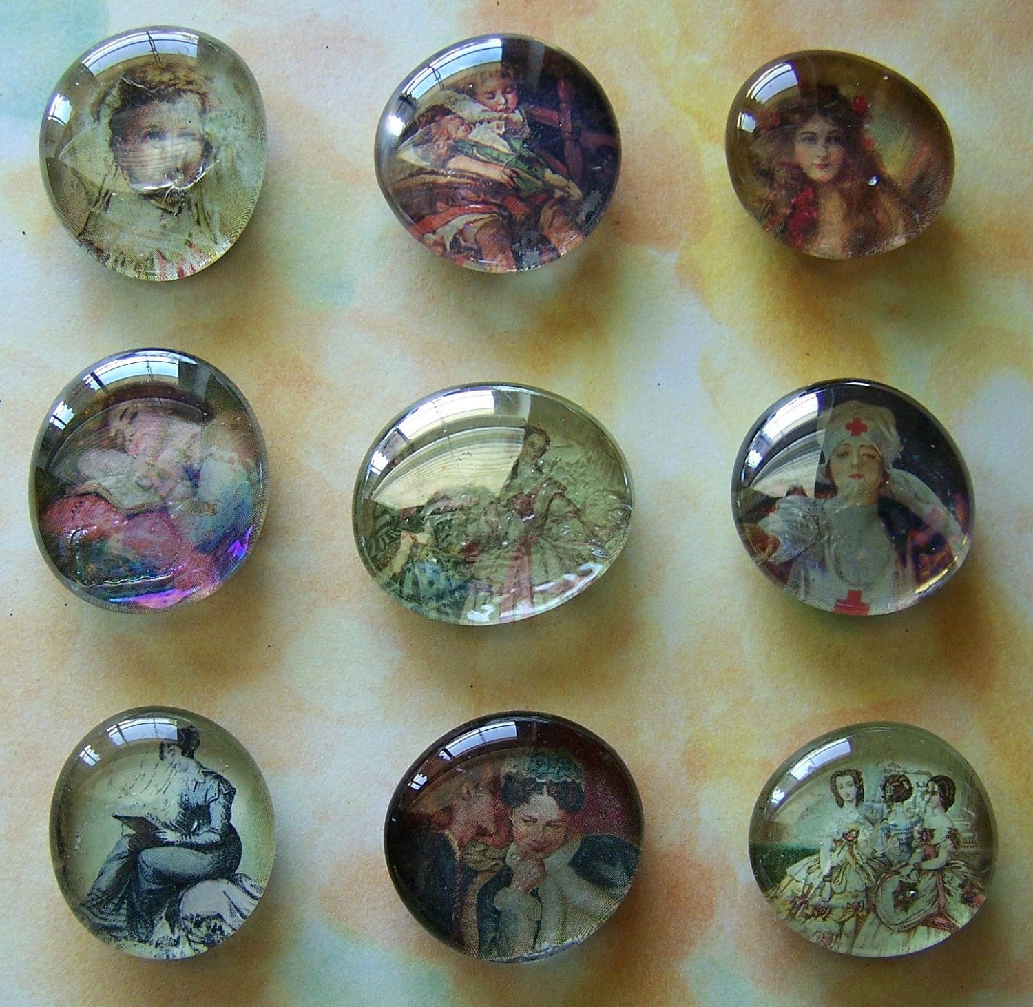 Set of 9 Assorted Upcycled Victorian Glass Marble Magnets